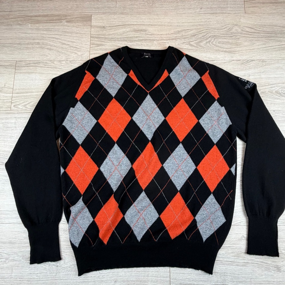 William Lockie Cashmere Black Orange Argyle Sweater St. Andrews Golf Club‎ XL